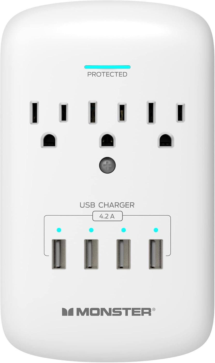 Monster Wall Tap Plug Outlet Extender with Outlet Surge Protector for Office and Smart Phone Devices