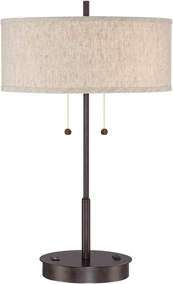 360 Lighting Modern Accent Table Lamp with USB and AC Power Outlet 23 1/2" High Bronze Fabric Drum Shade for Bedroom Living Room House Desk Bedside