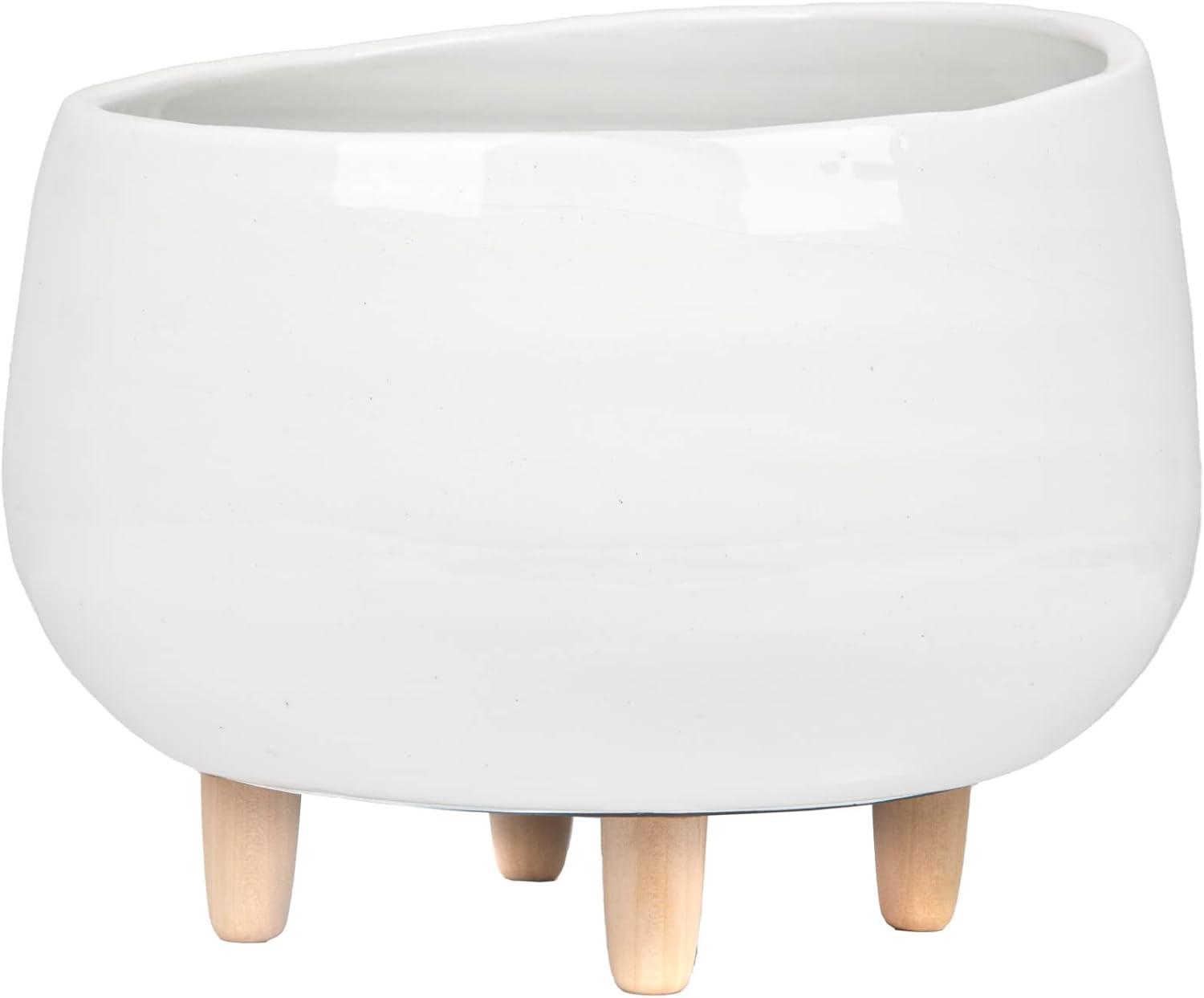 8" x 12.5" Planter with Wood Feet White - Storied Home: Ceramic, No Assembly, Indoor Use, Drain Plug