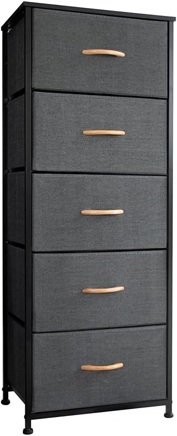 Gray and Black Vertical Dresser with Fabric Bins and Wood Top