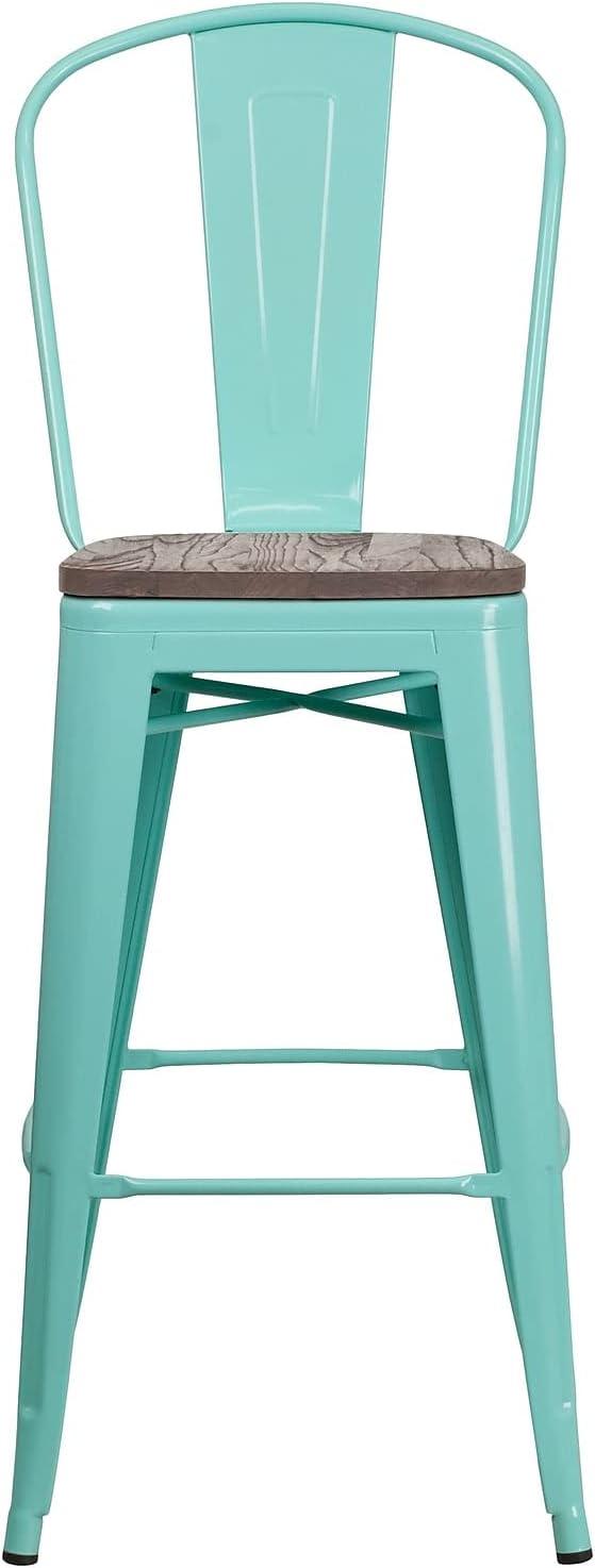 Flash Furniture 30" High Mint Green Metal Barstool with Back and Wood Seat