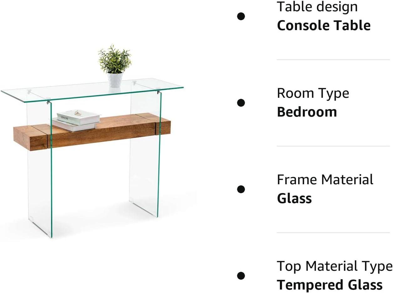 Sleek Dark Brown Glass-Top Console Table with Storage, 39.4"