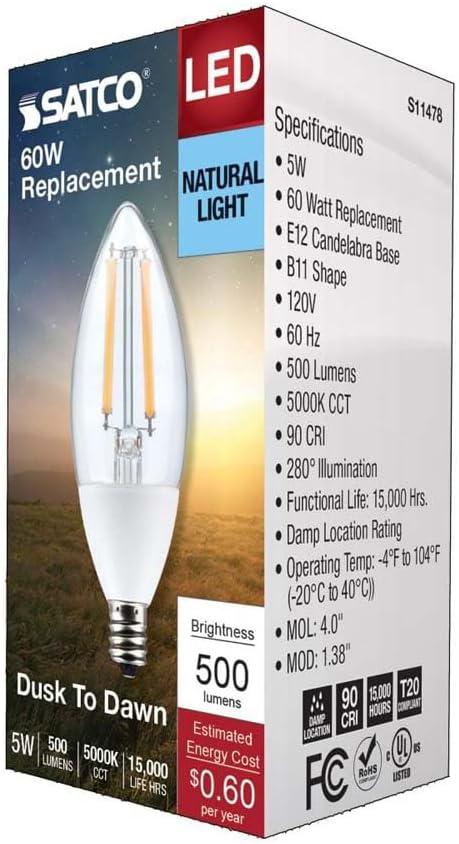 Satco 5 Watt B11 - Dusk to Dawn LED - 5000K - Candelabra Base - 120 Volt - 90 CRI