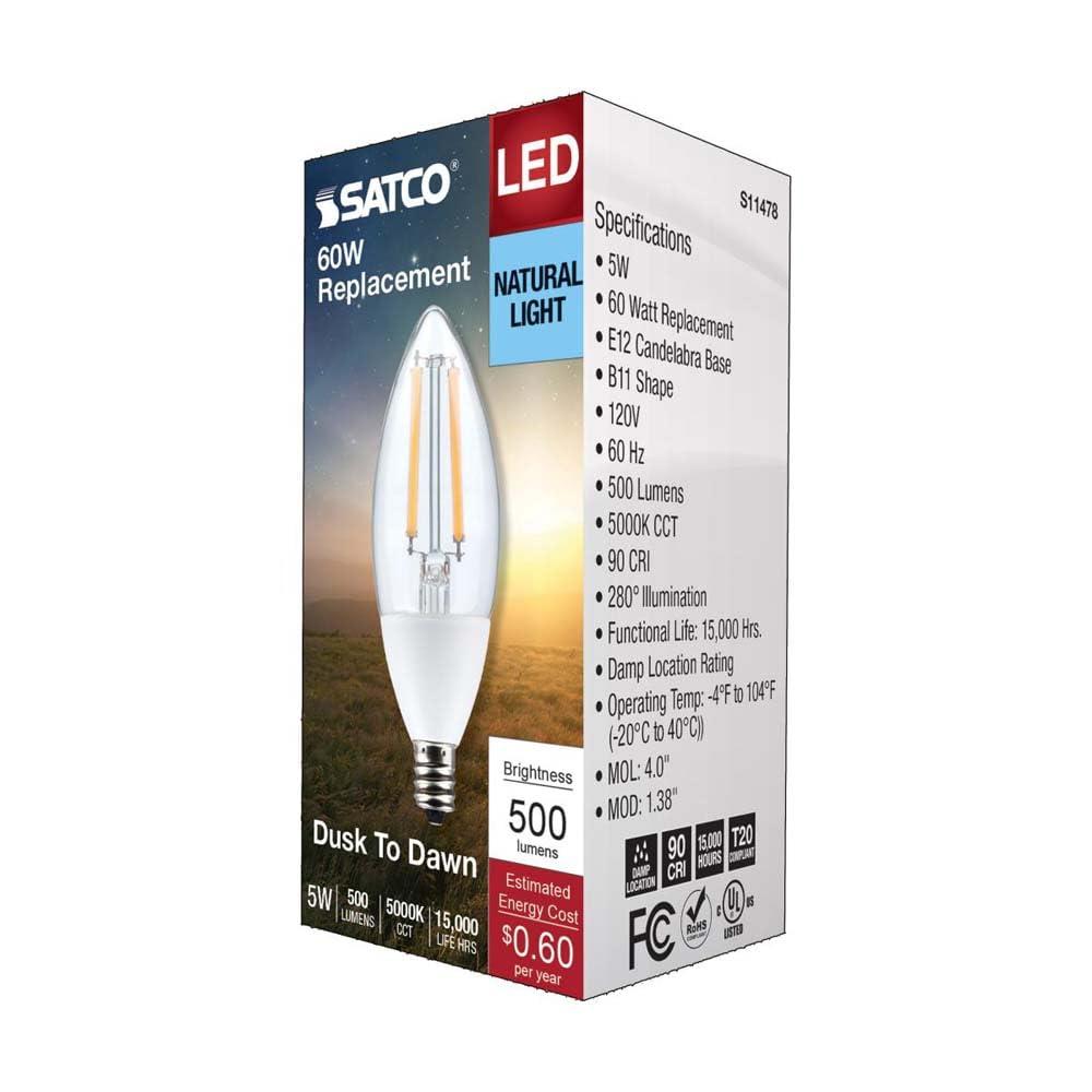 Satco 5 Watt B11 - Dusk to Dawn LED - 5000K - Candelabra Base - 120 Volt - 90 CRI