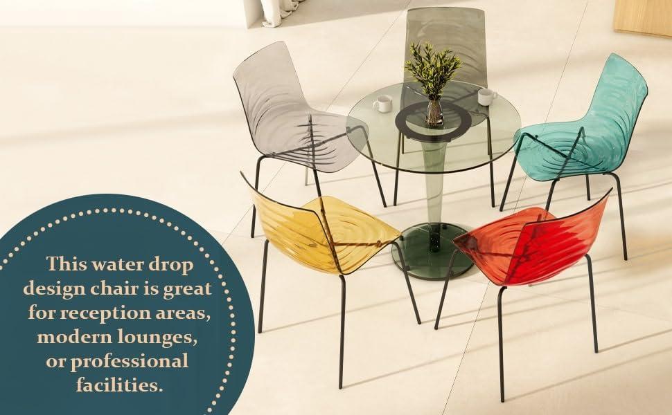 LeisureMod Astor Acrylic Dining Chair with Water Ripple Design and Metal Legs in Transparent Blue