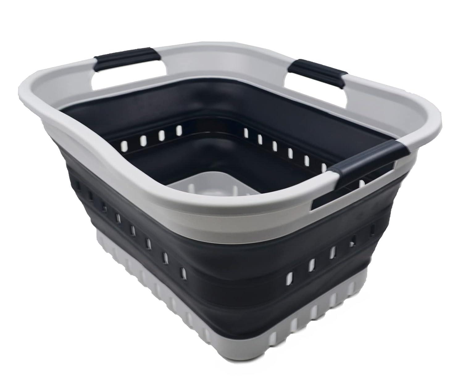 SAMMART 30L (8 gallon) Collapsible 3 Handled Plastic Laundry Basket, Grey/Slate Grey