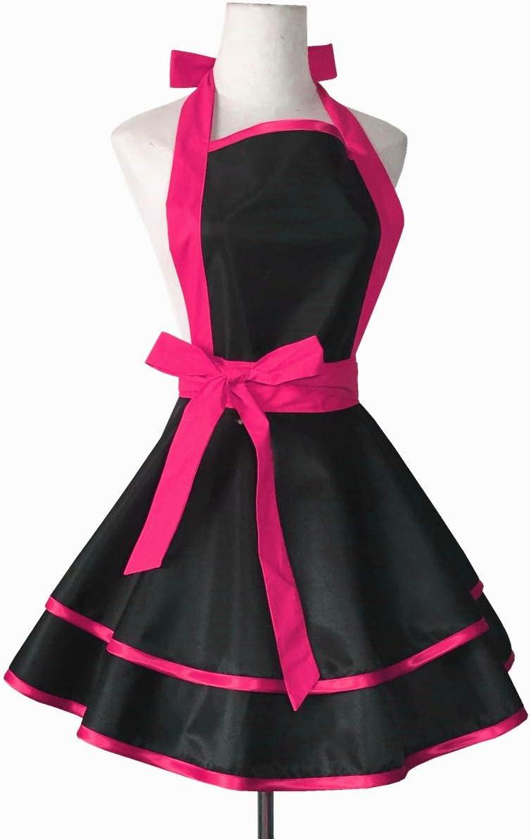 Hyzrz Lovely Handmade Cotton Retro Black Aprons for Women Girls Cake Kitchen Cook Apron for Mother's Gift (Red Rose)