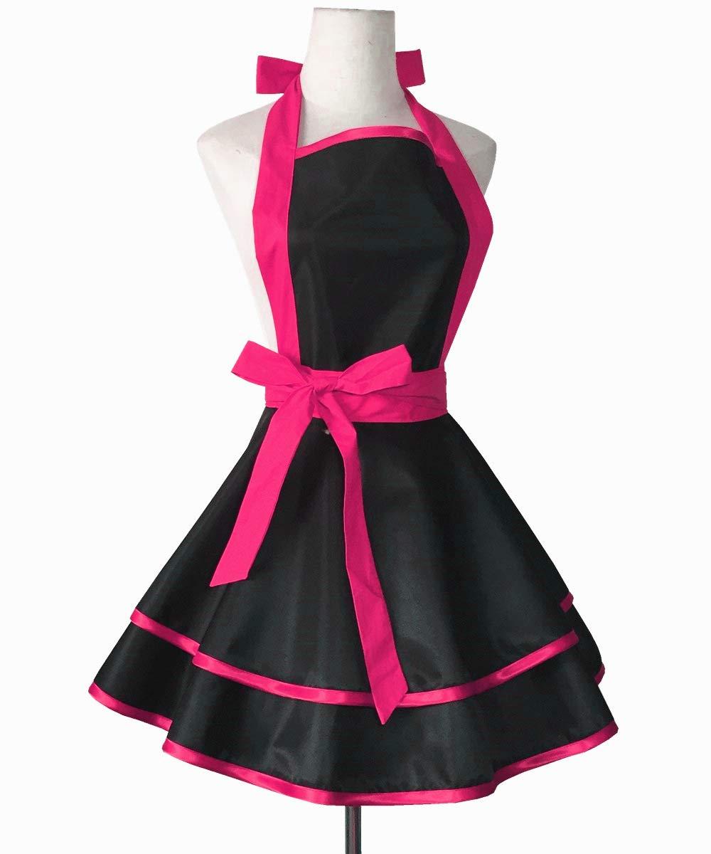 Hyzrz Lovely Handmade Cotton Retro Black Aprons for Women Girls Cake Kitchen Cook Apron for Mother's Gift (Red Rose)