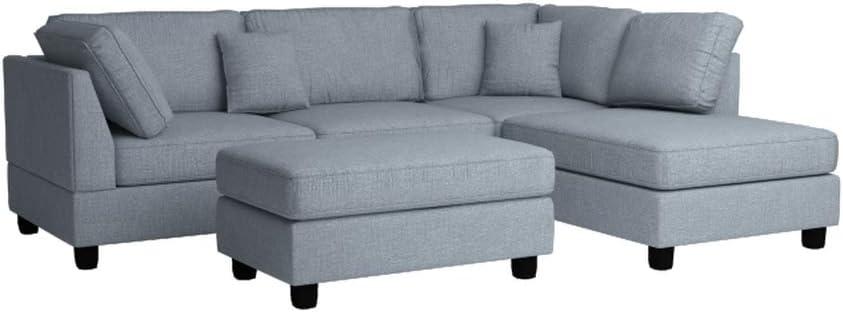 Poundex 3 Piece Fabric Reversible Sectional Sofa Set with Ottoman in Gray