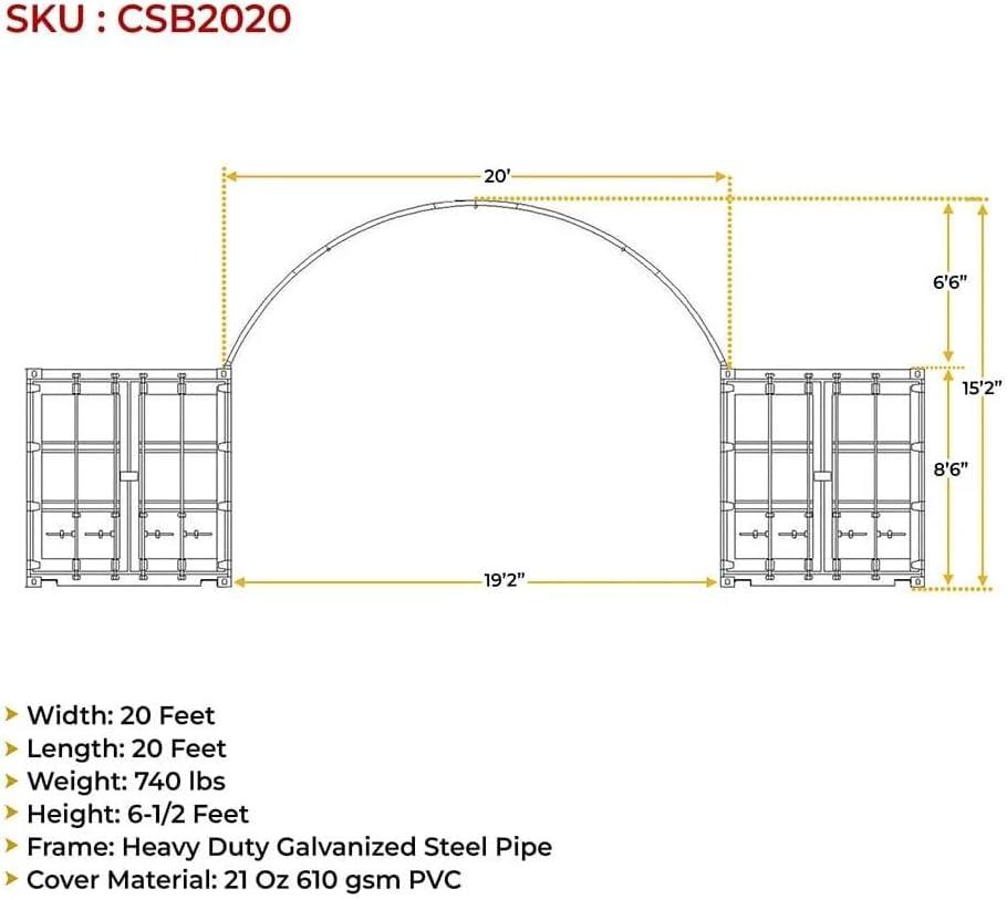 Shipping Container Canopy Shelter Kit - 20'(L) x 20'(W) 21 Oz 610 GSM PVC White Cover Storage Container Roof with Back End Wall - Snow, UV and Weather-Resistant