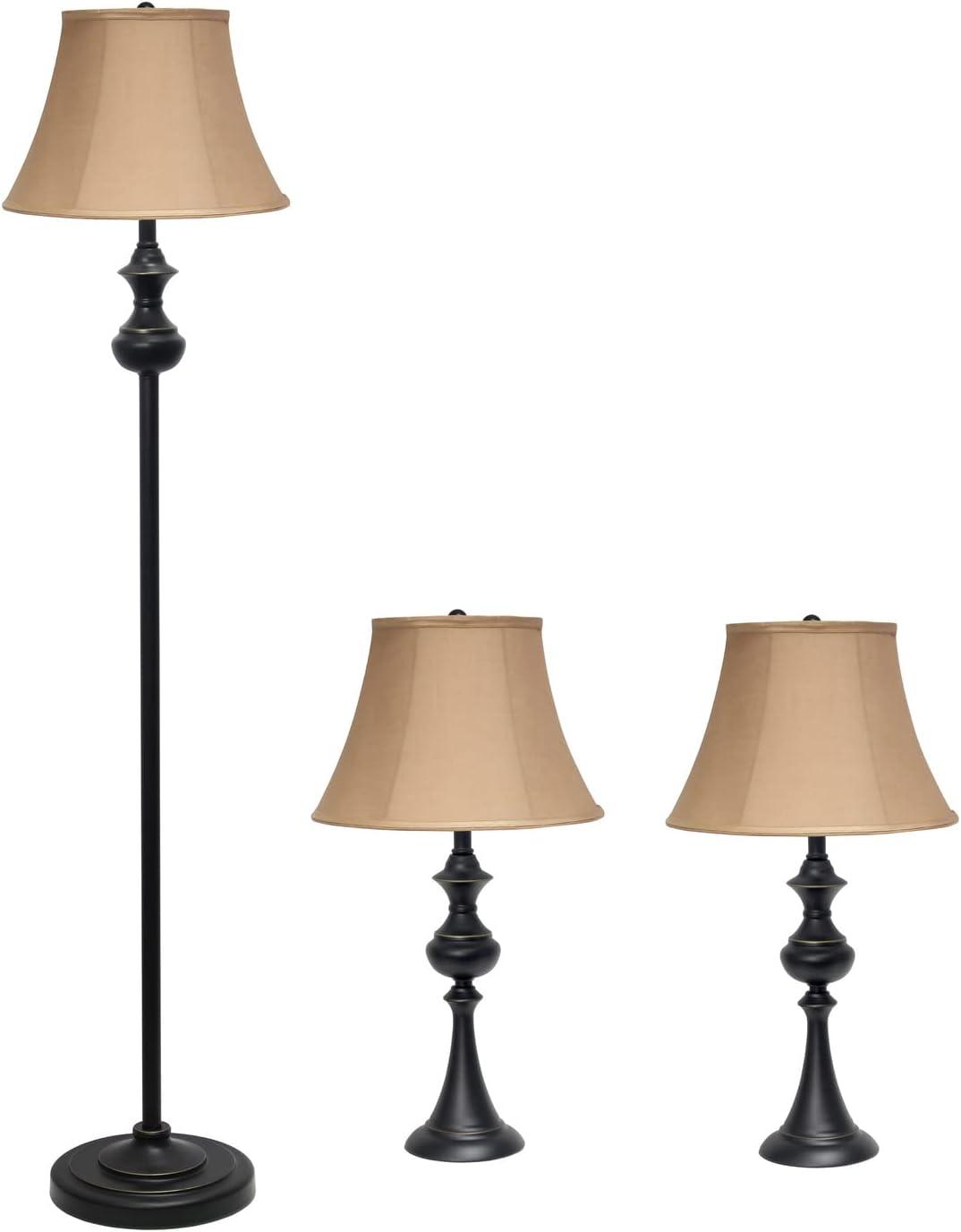 3pk Crafted Lamp Set (2 Table Lamps and 1 Floor Lamp) with Shades Restoration Bronze - Elegant Designs: UL Listed, Cotton Shades