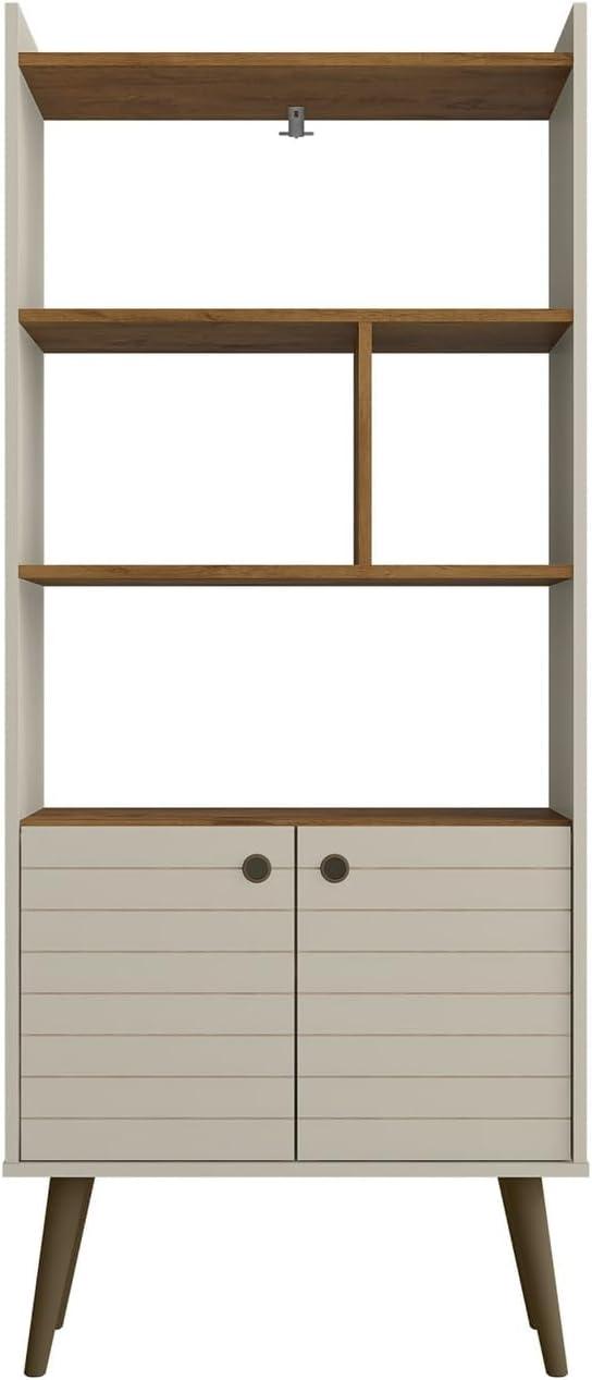 Mid-Century Modern White and Wood 3-Tier Bookshelf with Doors