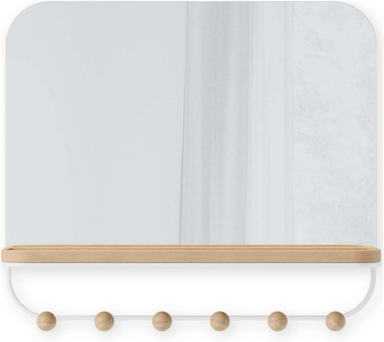 White Wood Rectangular Mirror with Hooks and Tray