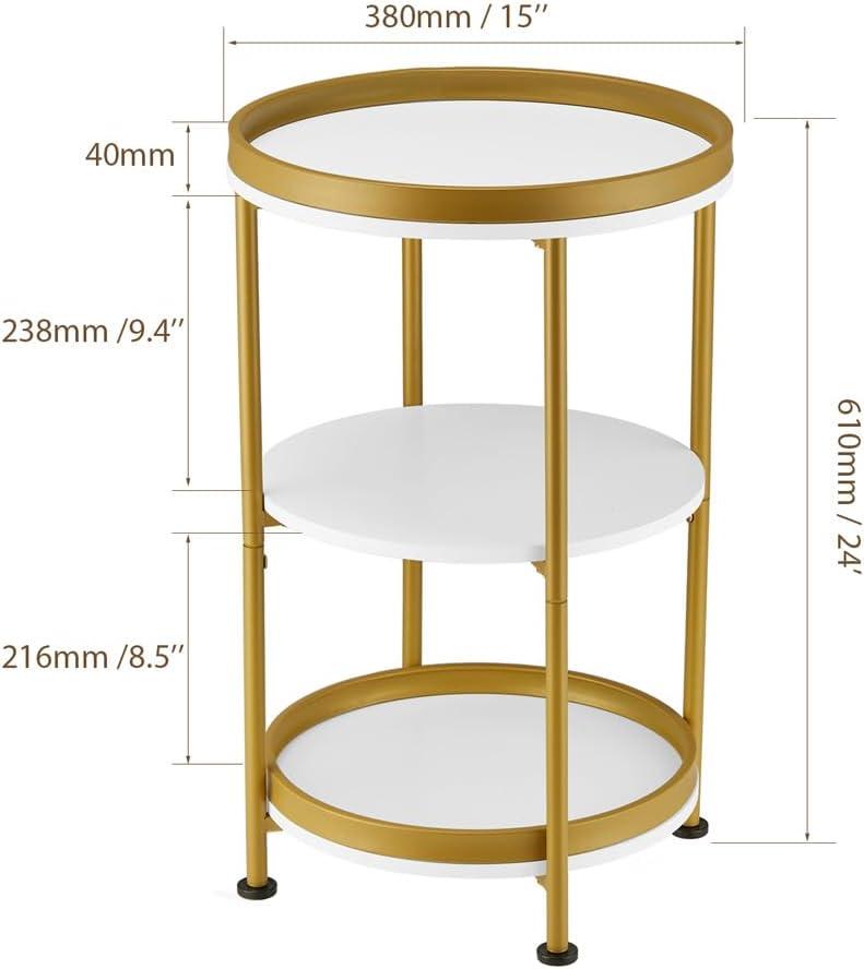 White and Gold Round End Table with 3 Shelves