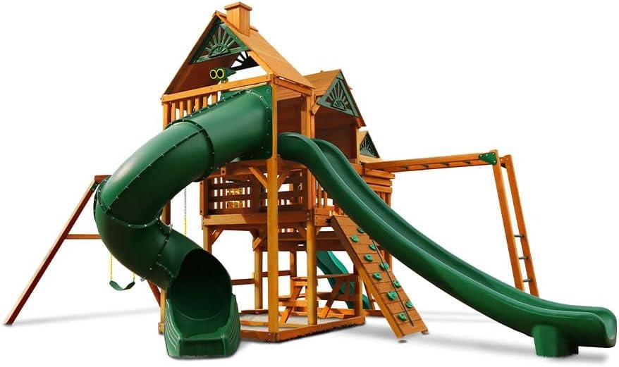 Gorilla Playsets Empire Wooden Swing Set with 2 Solar Wall Lights, Monkey Bars, and 3 Slides