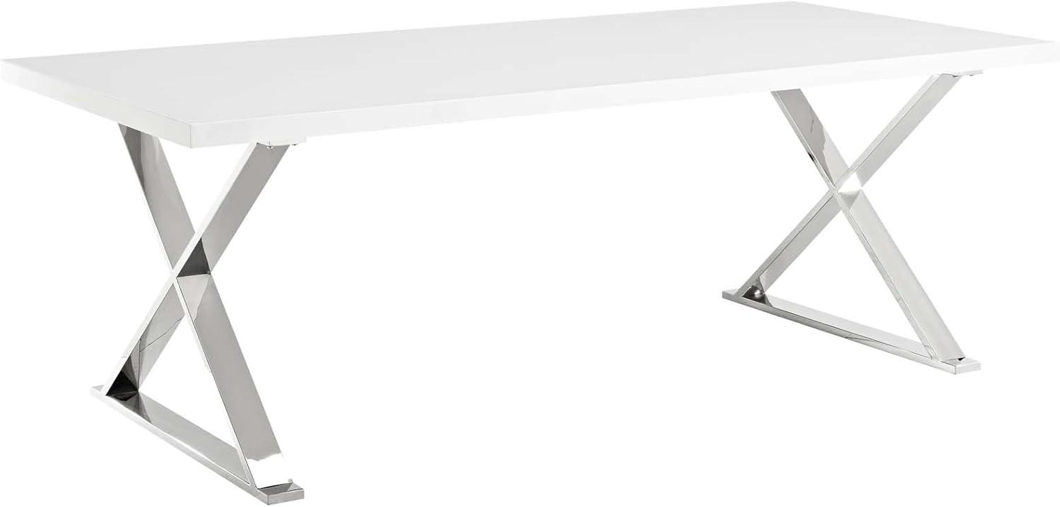 Modway Sector 87" Wood & Stainless Steel Cross Base Dining Table in White/Silver