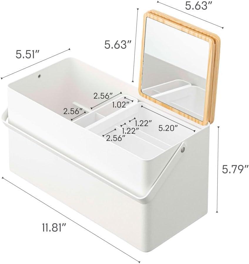 Yamazaki Home Large Makeup Organizer Cosmetic Caddy With Handle Vanity Storage Mirror, Steel + Wood