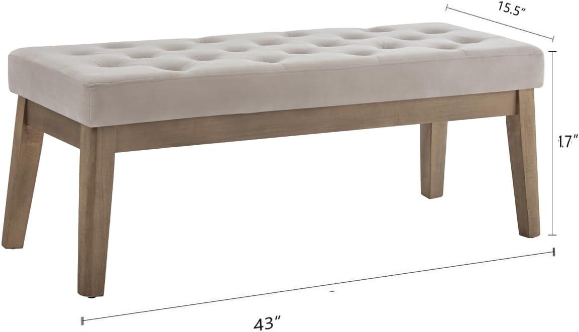 Taupe Velvet Upholstered Tufted Bench with Solid Wood Legs