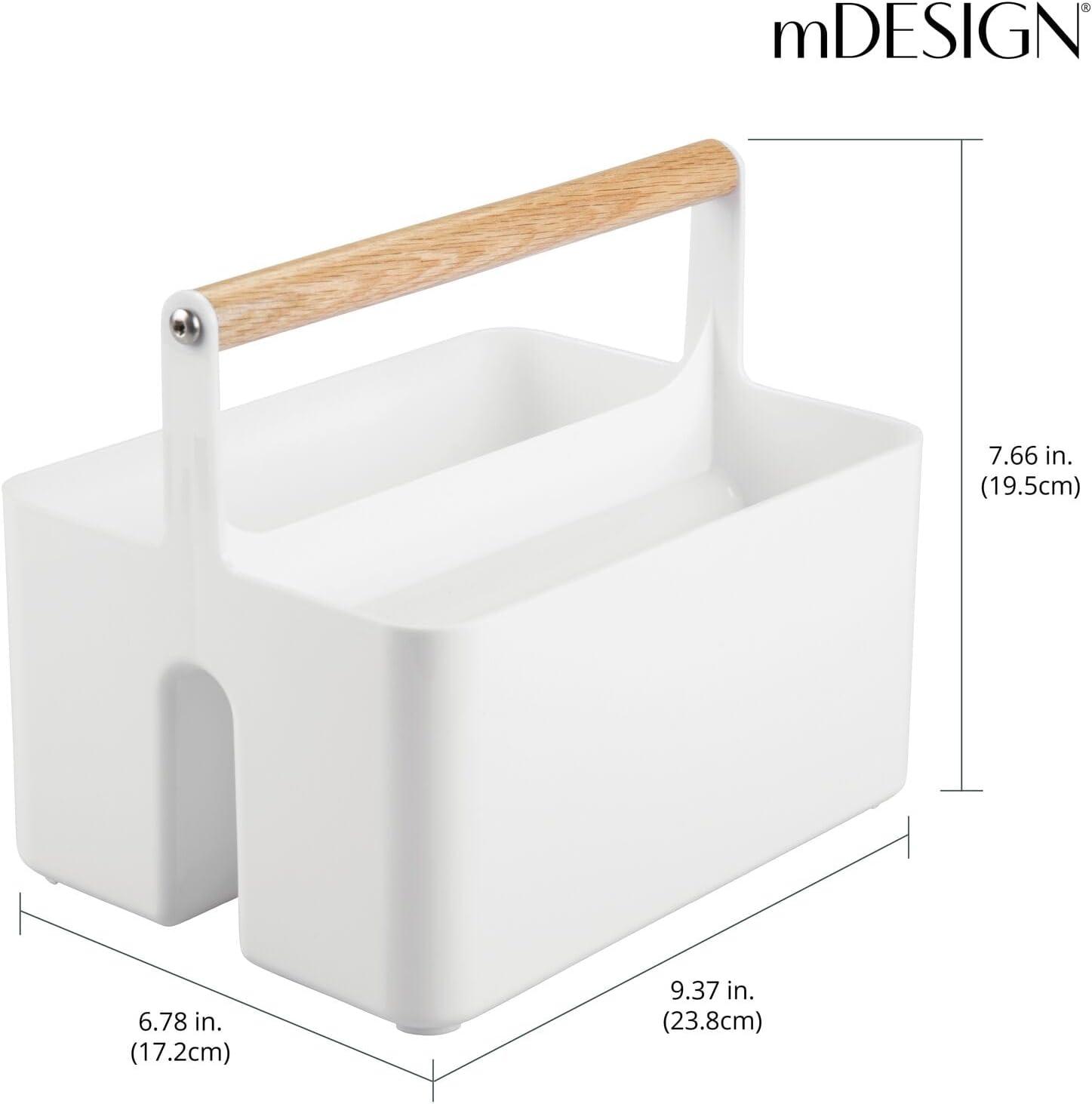 mDesign Plastic Portable Shower Caddy Divided Basket Bin Storage Organizer with Bamboo Handle for Bathroom, Dorm, Shelf & Cabinet Holds Shampoo, Conditioner - Aura Collection, White/Natural