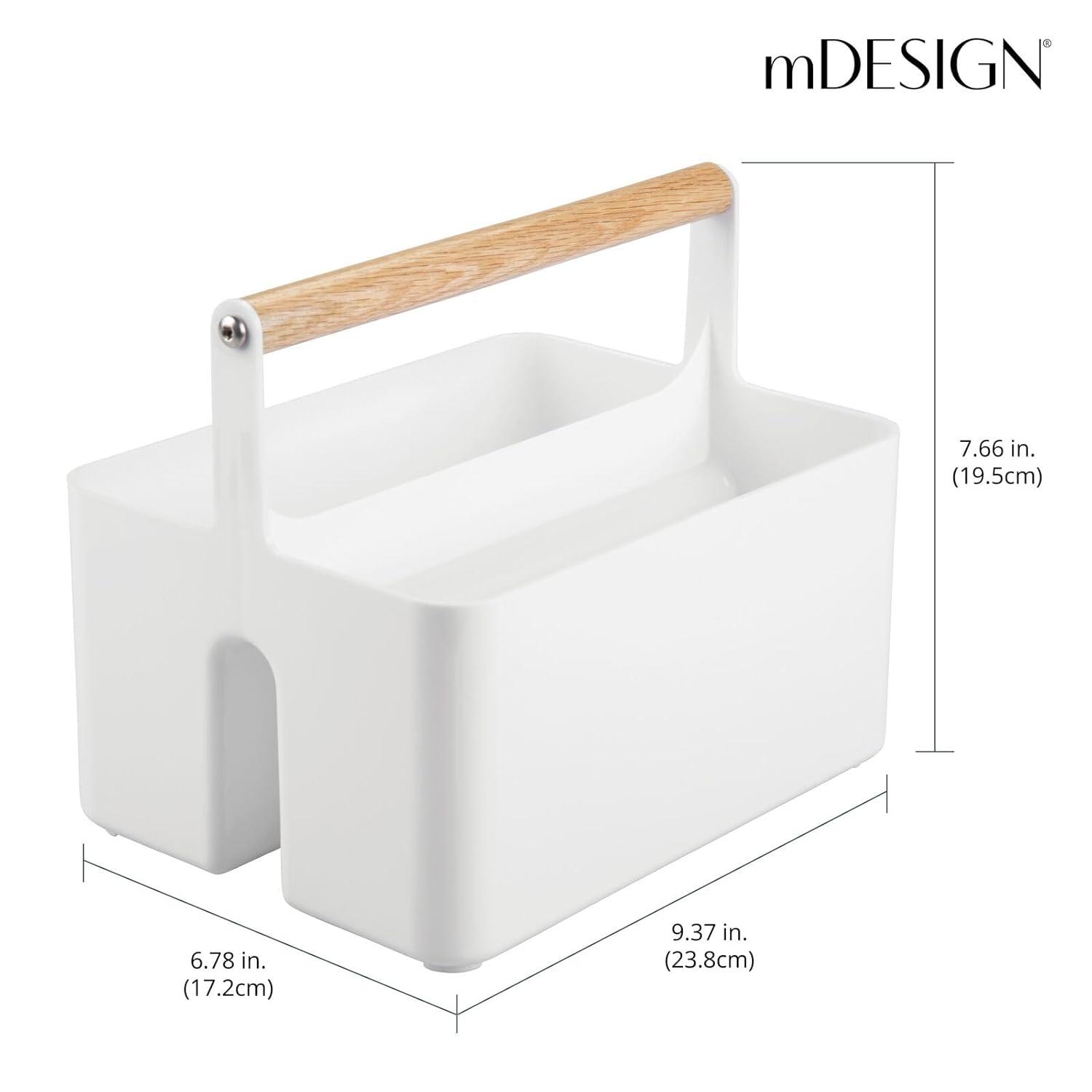 mDesign Plastic Portable Shower Caddy Divided Basket Bin Storage Organizer with Bamboo Handle for Bathroom, Dorm, Shelf & Cabinet Holds Shampoo, Conditioner - Aura Collection, White/Natural