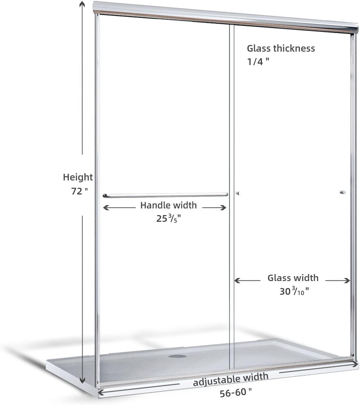 Sunny Shower Semi-Frameless Double Sliding Shower Door 60" W x 72" H in Chrome Finish