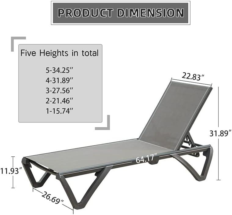 Gray Aluminum Adjustable Outdoor Chaise Lounge Set of 2