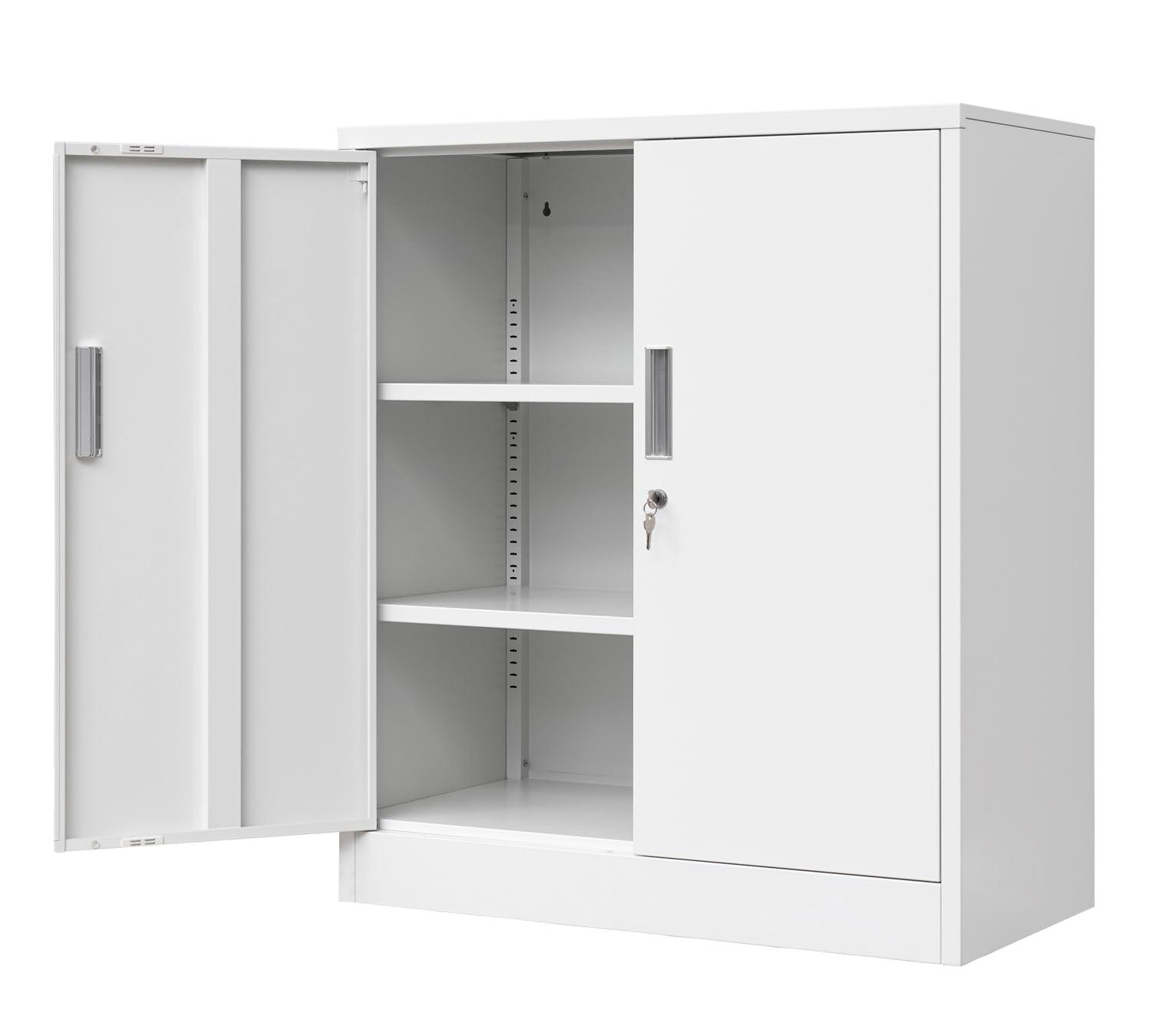 Metal Storage Cabinets with Shelves and Doors, Sideboard Buffet Cabinet for Kitchen, Entryway, Living Room, Home Office, Garage, Utility Room and Basement, 36.2" H x 31.5" W x 15.7" D (White)