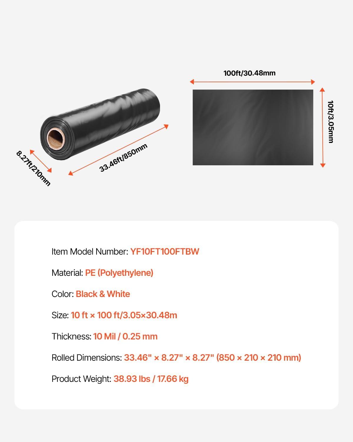 VEVOR 10 Mil Plastic Sheeting Heavy Duty 10' x 100', Thick Plastic Sheeting Roll, Plastic Drop Cloth Painters Tarp Covering for Crawl Space Vapor Barrier, Black and White Double-Sided, Multi-Purpose