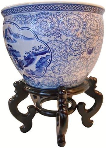Blue and White Porcelain Garden Pots Painted Landscape (10" W x 8" H | Inside Rim 8" | Base 6.5")