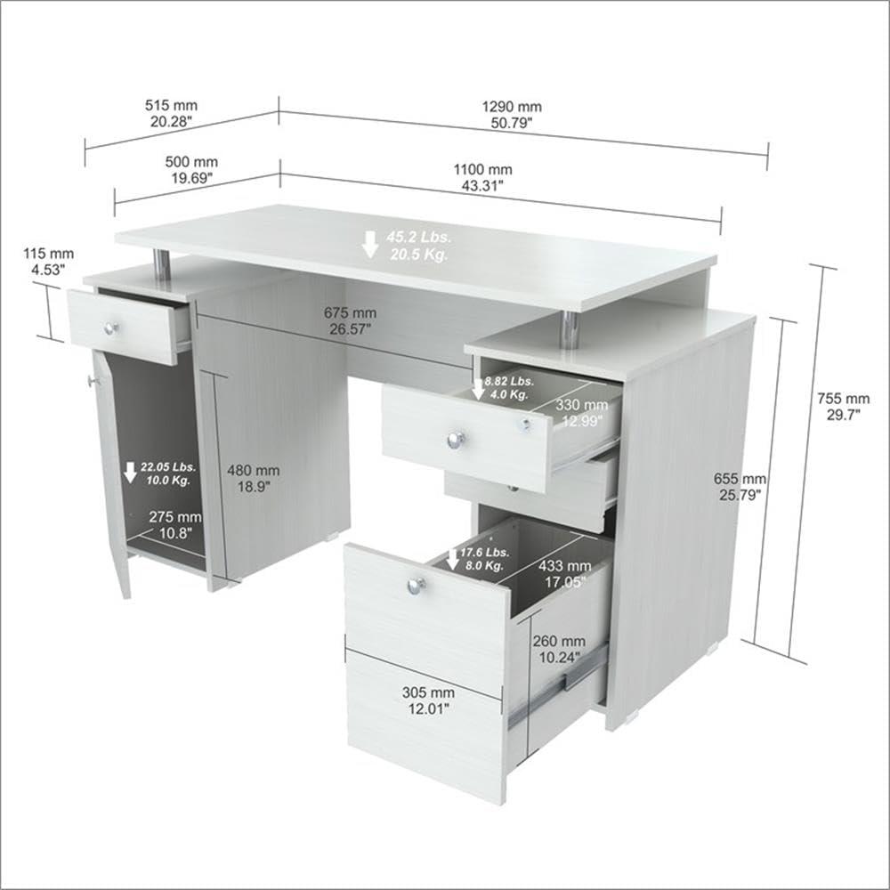 Inval 4-Drawer Computer Desk with Cabinet, Washed Oak