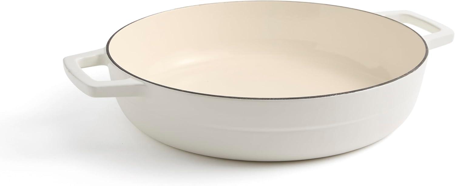 White Enameled Cast Iron Round Braiser with Lid