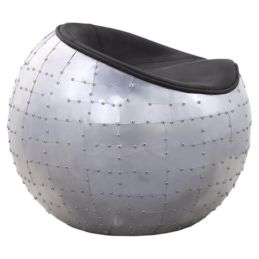 ACME Brancaster Leather Upholstered Ottoman in Antique Ebony and Aluminum