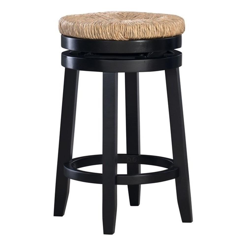 Linon Maya 25.5" Rubberwood Counter Stool Natural Seagrass Swivel Seat in Black