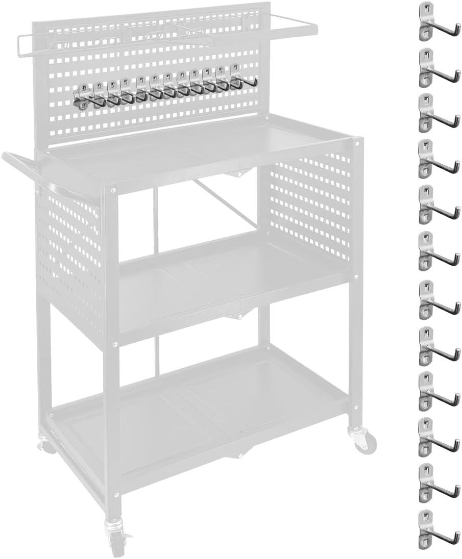 Lumizone 3-Tier Foldable Rolling Tool Cart with Wheels, Utility Cart with Pegboard and Hooks for Garage Organizer and Tool Storage, Power Tool Storage Cart on Wheels (Tool Cart+Hooks)