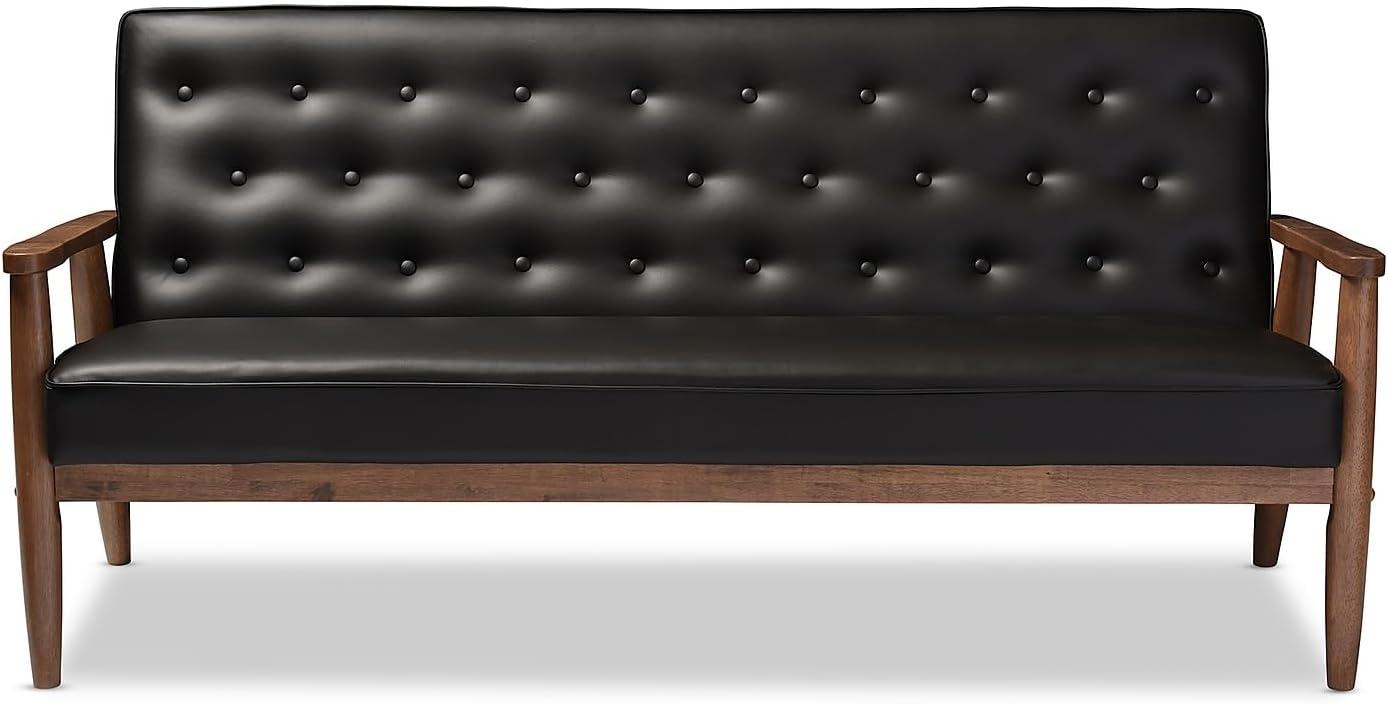 Mid-Century Modern Black Faux Leather Sofa with Tufted Back