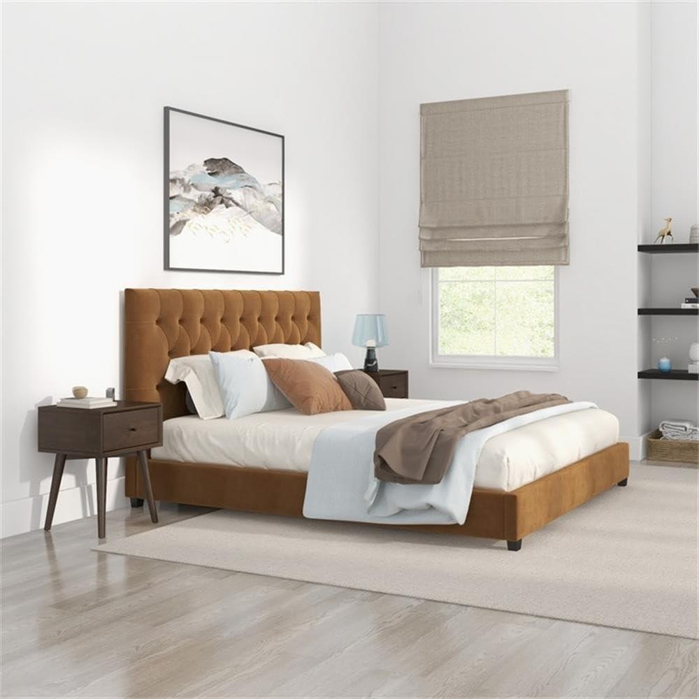 Elda Cognac Velvet Tufted Upholstered King Platform Bed