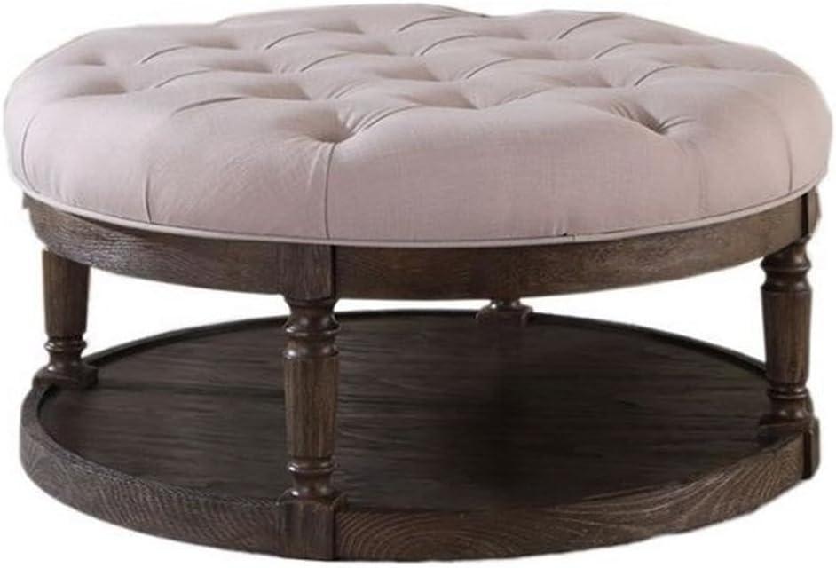 Best Master Tufted Fabric Upholstered Round Ottoman in Rustic Gray/Beige