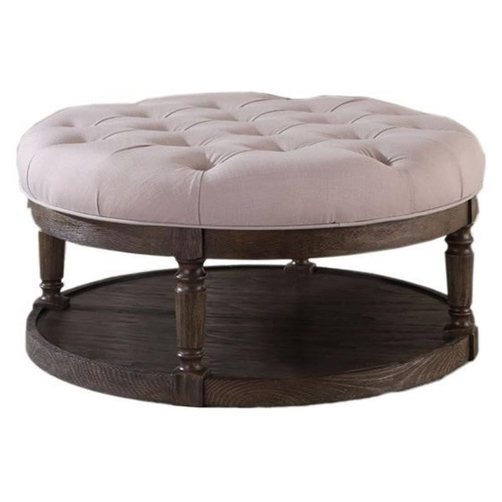 Best Master Tufted Fabric Upholstered Round Ottoman in Rustic Gray/Beige