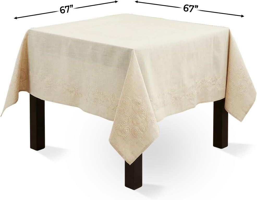 Saro Lifestyle Embroidered Swirl Natural Linen Blend Tablecloth, Natural, 67"x67",
