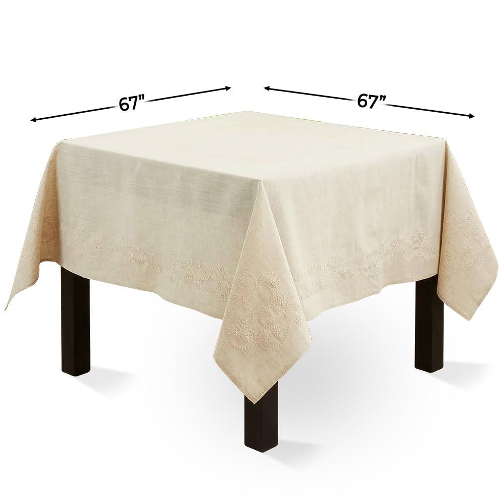 Saro Lifestyle Embroidered Swirl Natural Linen Blend Tablecloth, Natural, 67"x67",