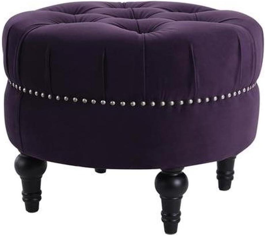 Dawn Tufted Round Ottoman Nailhead Accents Purple Velvet