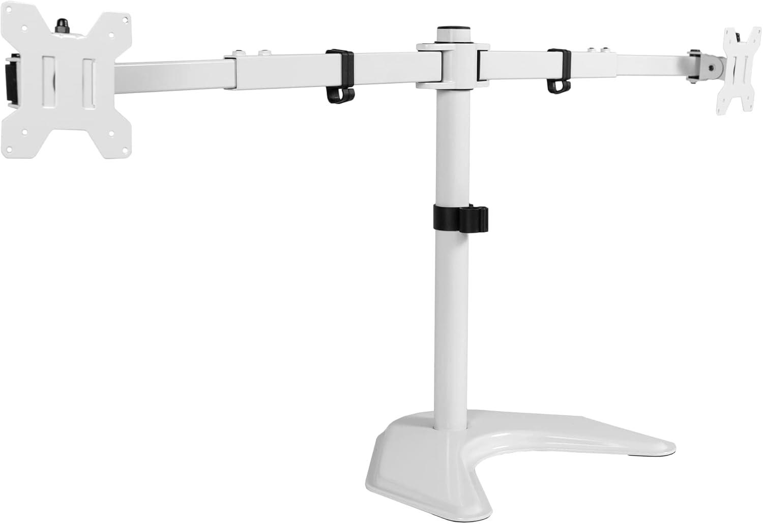 White Steel Dual Monitor Freestanding Desk Stand with Telescoping Arms