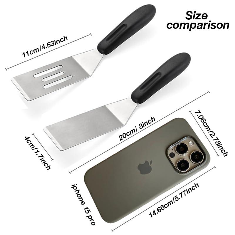 2 Pieces Small Spatula Set, Stainless Steel Mini Serving Spatula for Kitchen Use, Flipping or Cooking for Brownie, Cookie, Lasagna, Pancakes & Cake(Black+Silver)
