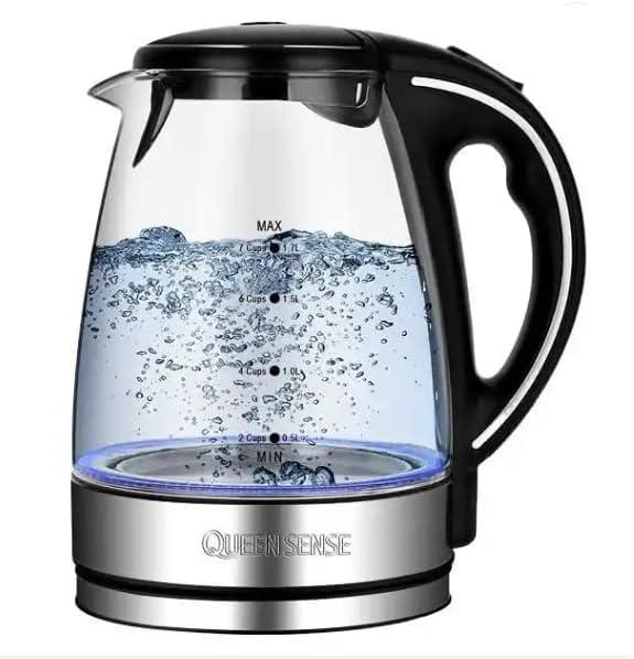 QUEENSENSE 1.7L 360° Rotational Base High Stilbene Led-Light Electric Glass Kettle