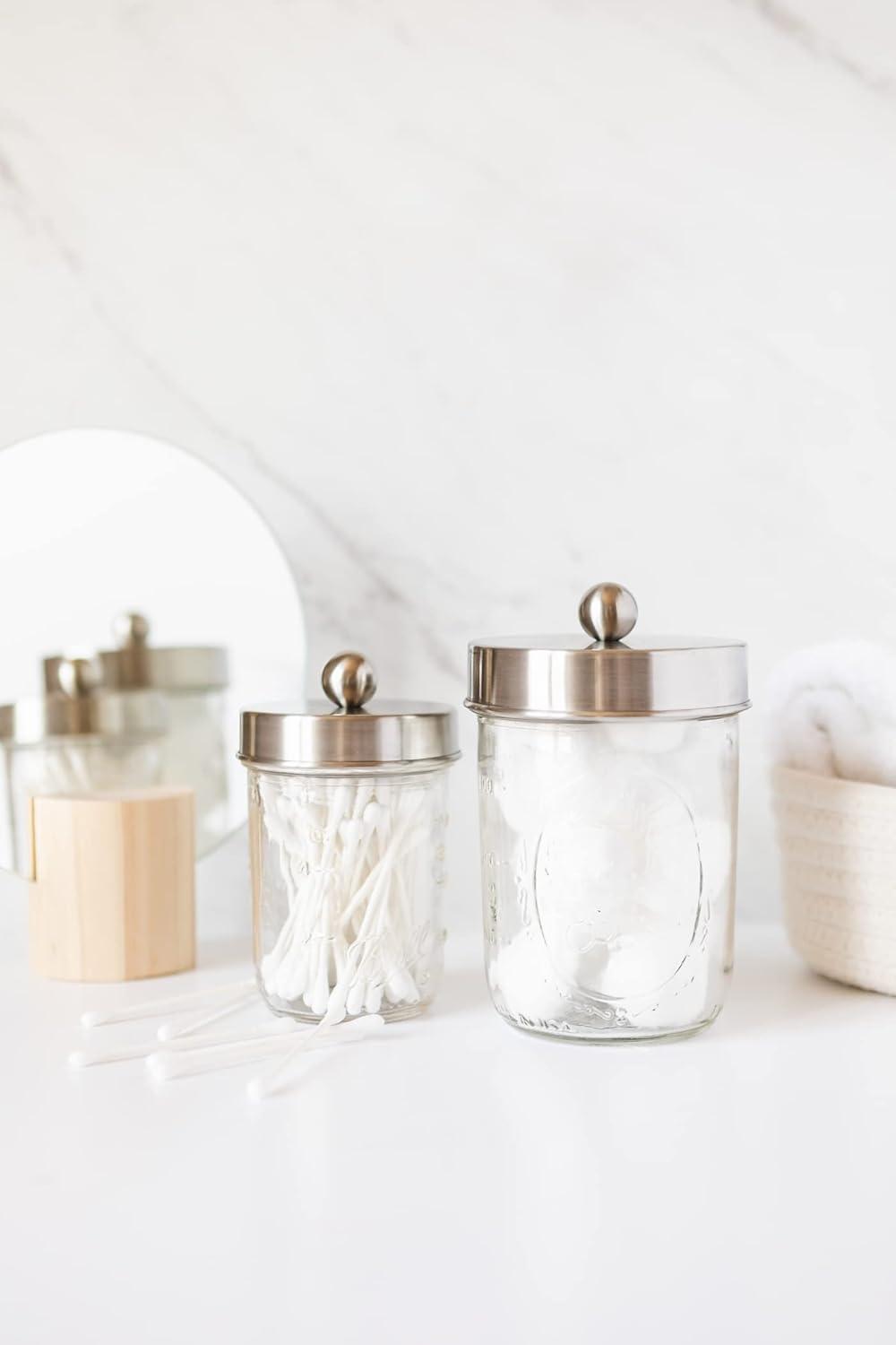 Mason Jar Bathroom Gift Set (4 pcs) - Lotion/Soap Dispenser, Toothbrush Holder, Q-Tip Storage Jars - Farmhouse Home Decor for Vanity Organization - Luxury Bathroom Accessories - Stainless Steel