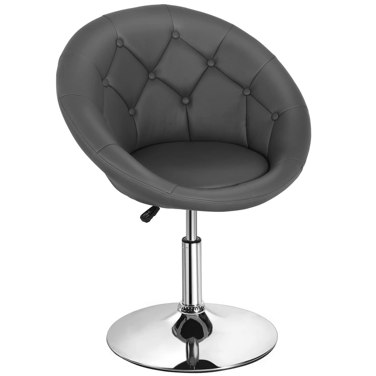 Costway 1PC Adjustable Modern Swivel Round Tufted Back Accent Chair PU Leather Black