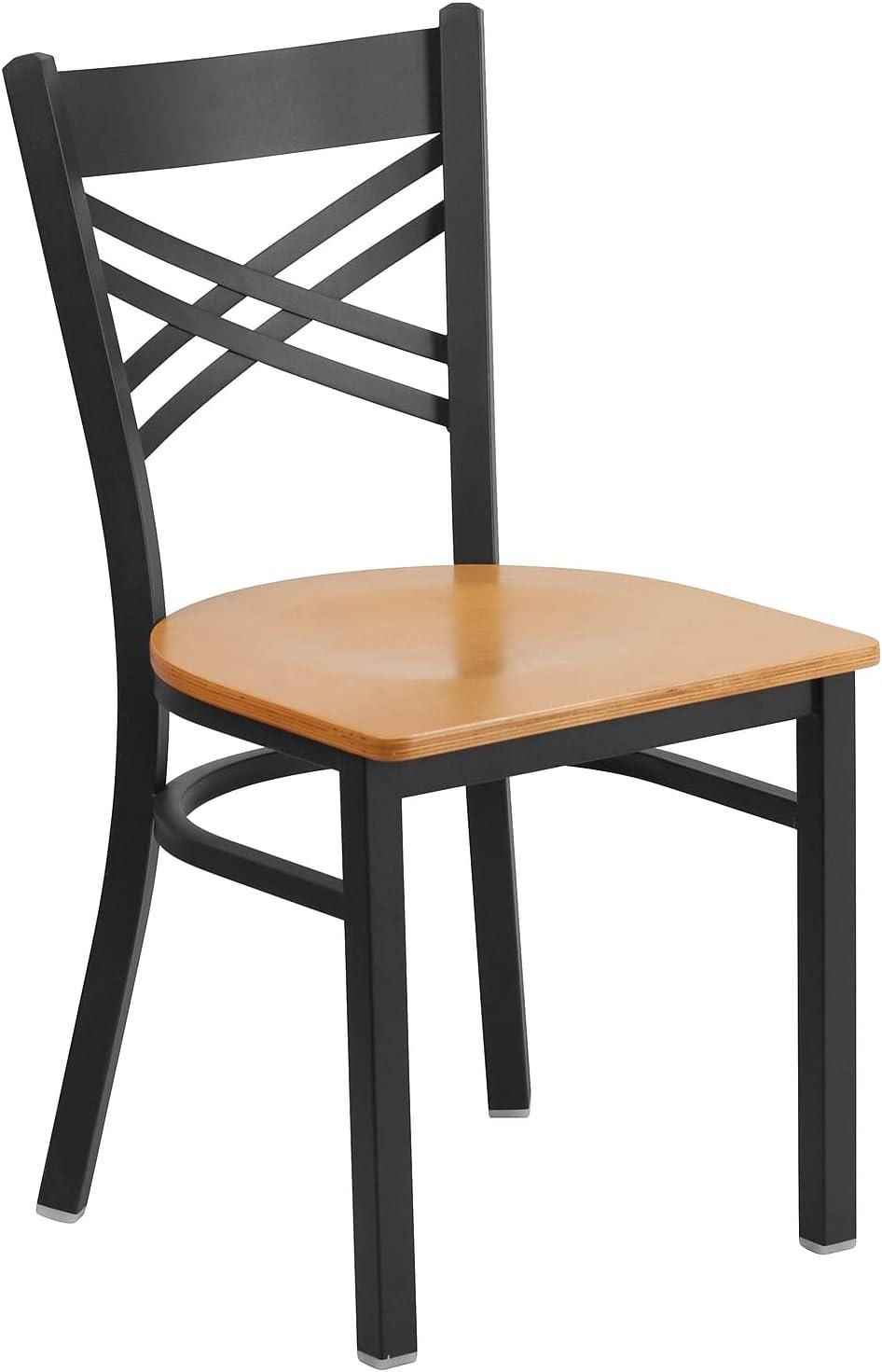 Flash Furniture 2 Pack HERCULES Series Black ''X'' Back Metal Restaurant Chair - Natural Wood Seat