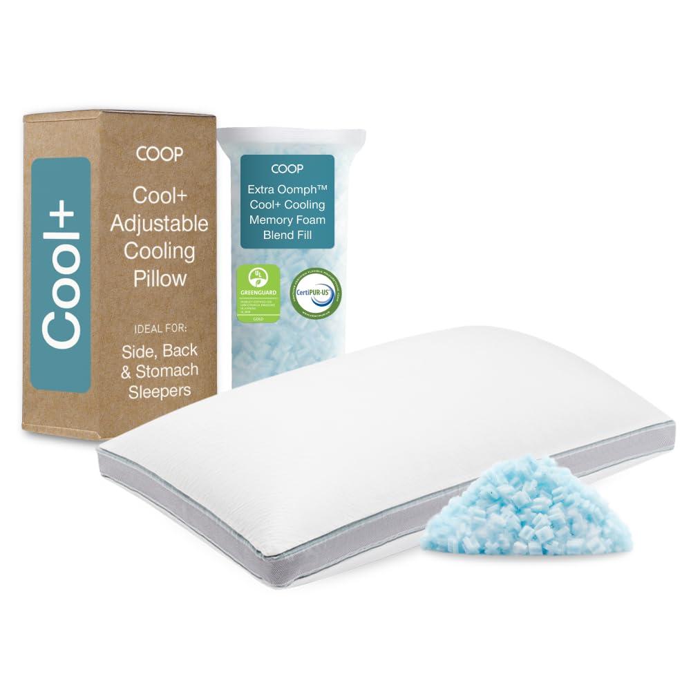 Coop Home Goods The Eden Cool+ Adjustable Pillow, Queen Size Plus Memory Foam Pillows with Cooling Gel, Back, Stomach or Side Sleeper, Neck Support