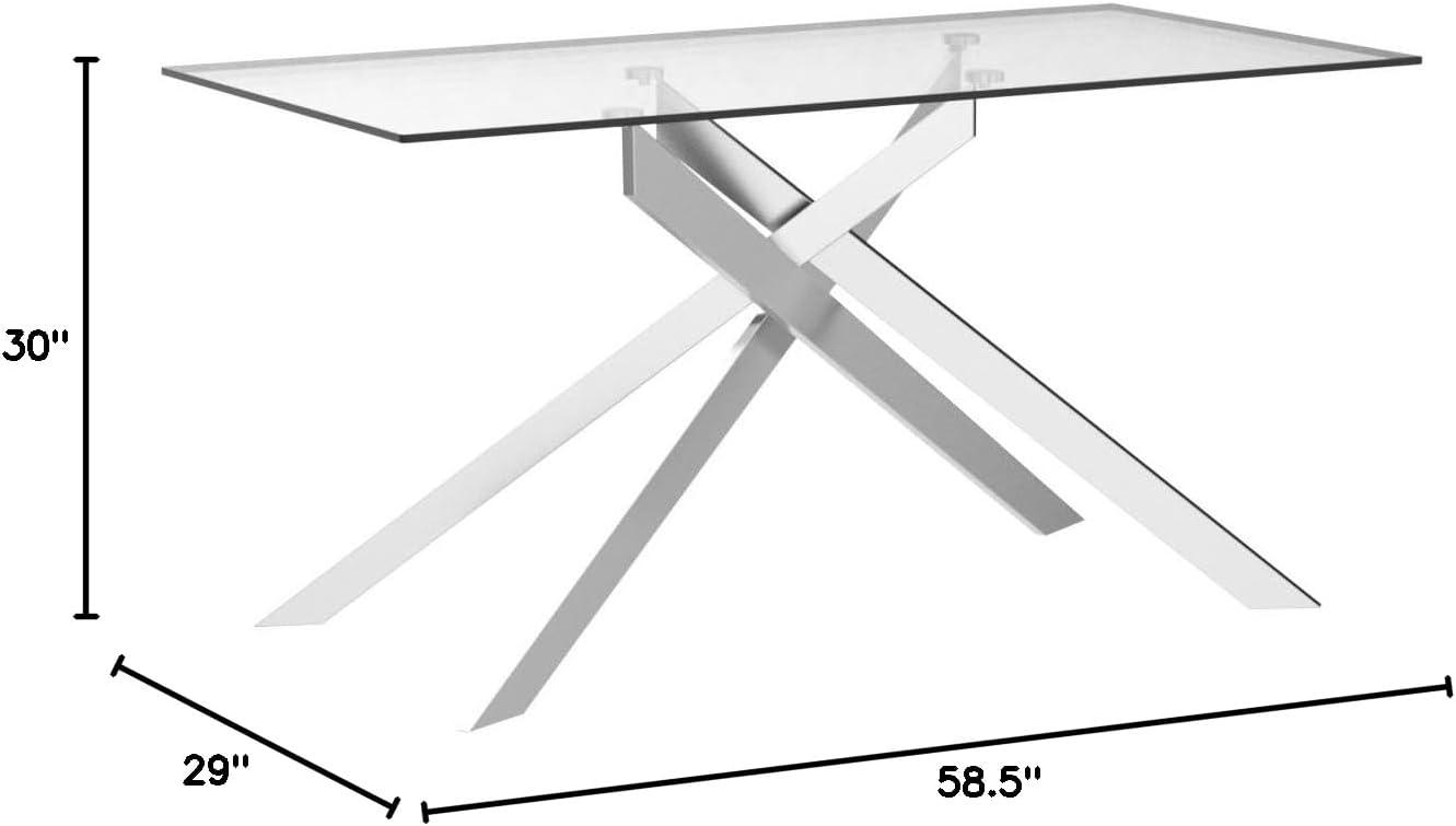 Silver Glass Rectangle Dining Table with Chrome Cross Legs