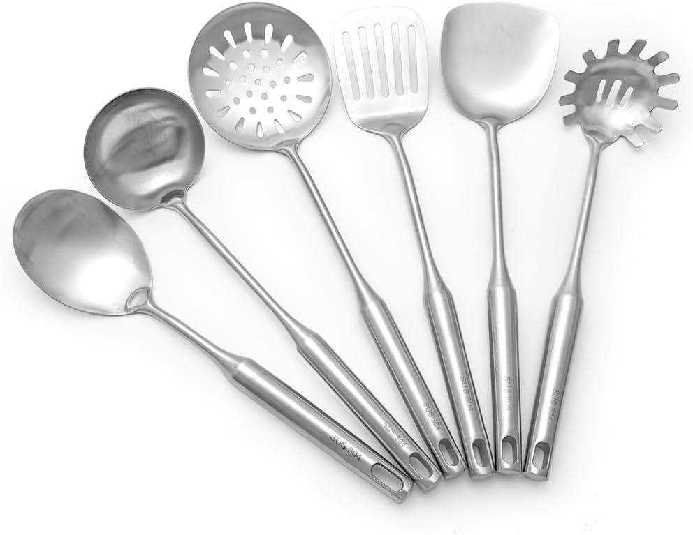 Cooking Utensils Set Stainless Steel Kitchen Metal Serving Utensils Set of 6 Pcs-Wok Spatula Ladle Set, Skimmer Slotted Spoon, Pasta Spoon, Serving Spoon, Slotted Spatula Tunner,Dishwasher Safe